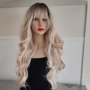 Mixed Blonde wig with bangs ombre with roots. Wavy blonde wig.